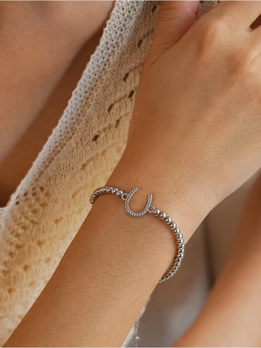 LUCKY Horseshoe Silver tone Beaded Bracelet - Picture 2 of 5